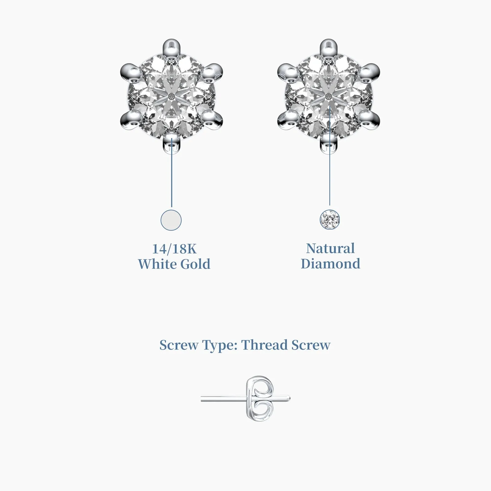 18k Six Prongs Solitaire Natural Diamond Studs