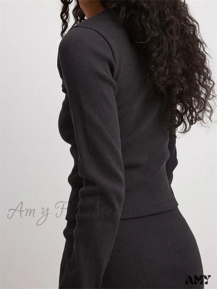 Amy Fashion - Ribbed Casual BasicLong Sleeve Crew Neck Buttons Solid Color  T-shirts