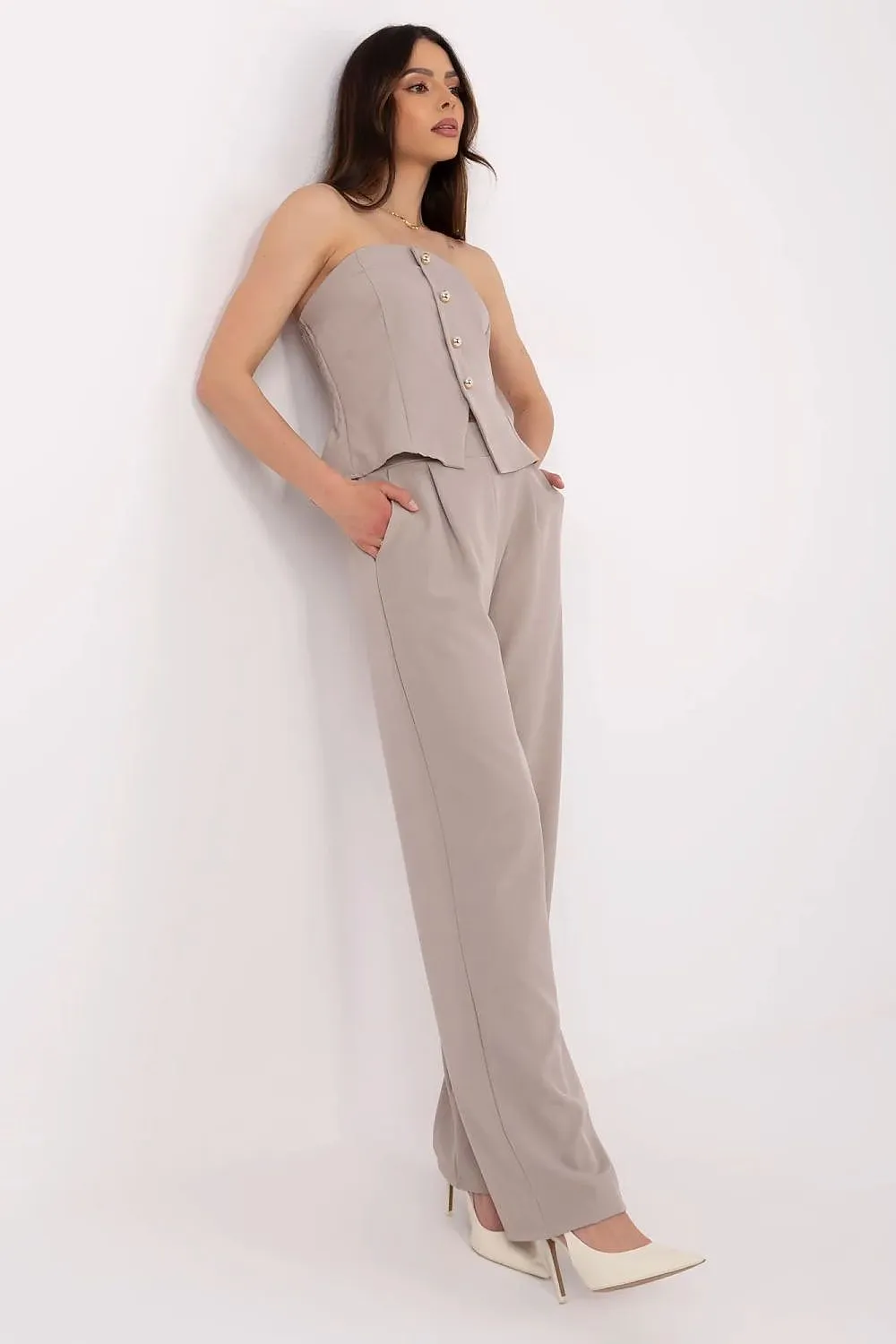 Beige Strapless Corset and Wide-Leg Trousers Set