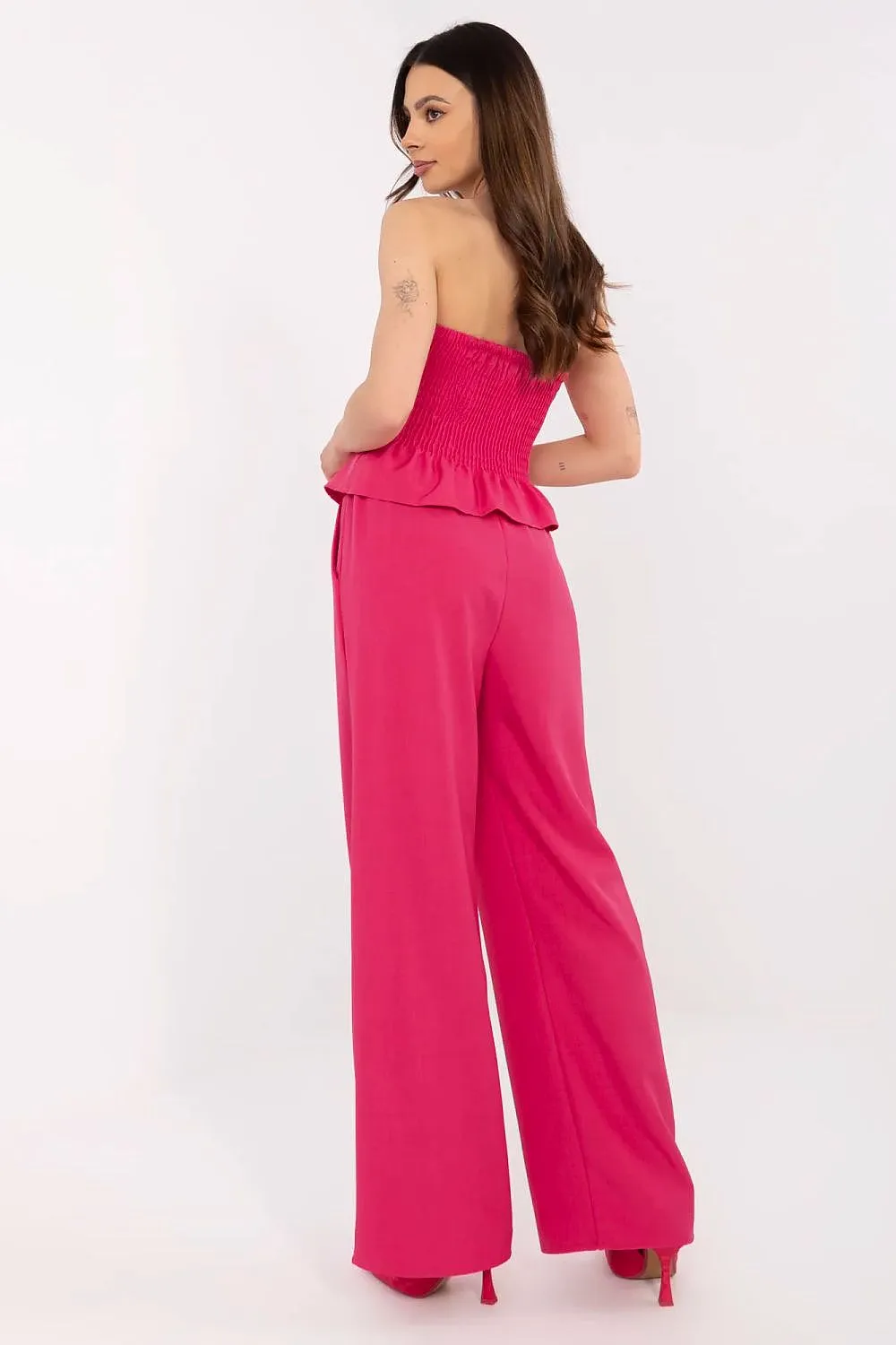Beige Strapless Corset and Wide-Leg Trousers Set