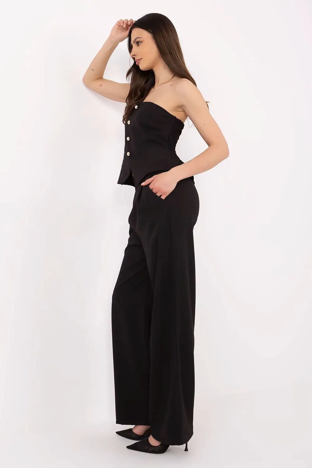 Beige Strapless Corset and Wide-Leg Trousers Set