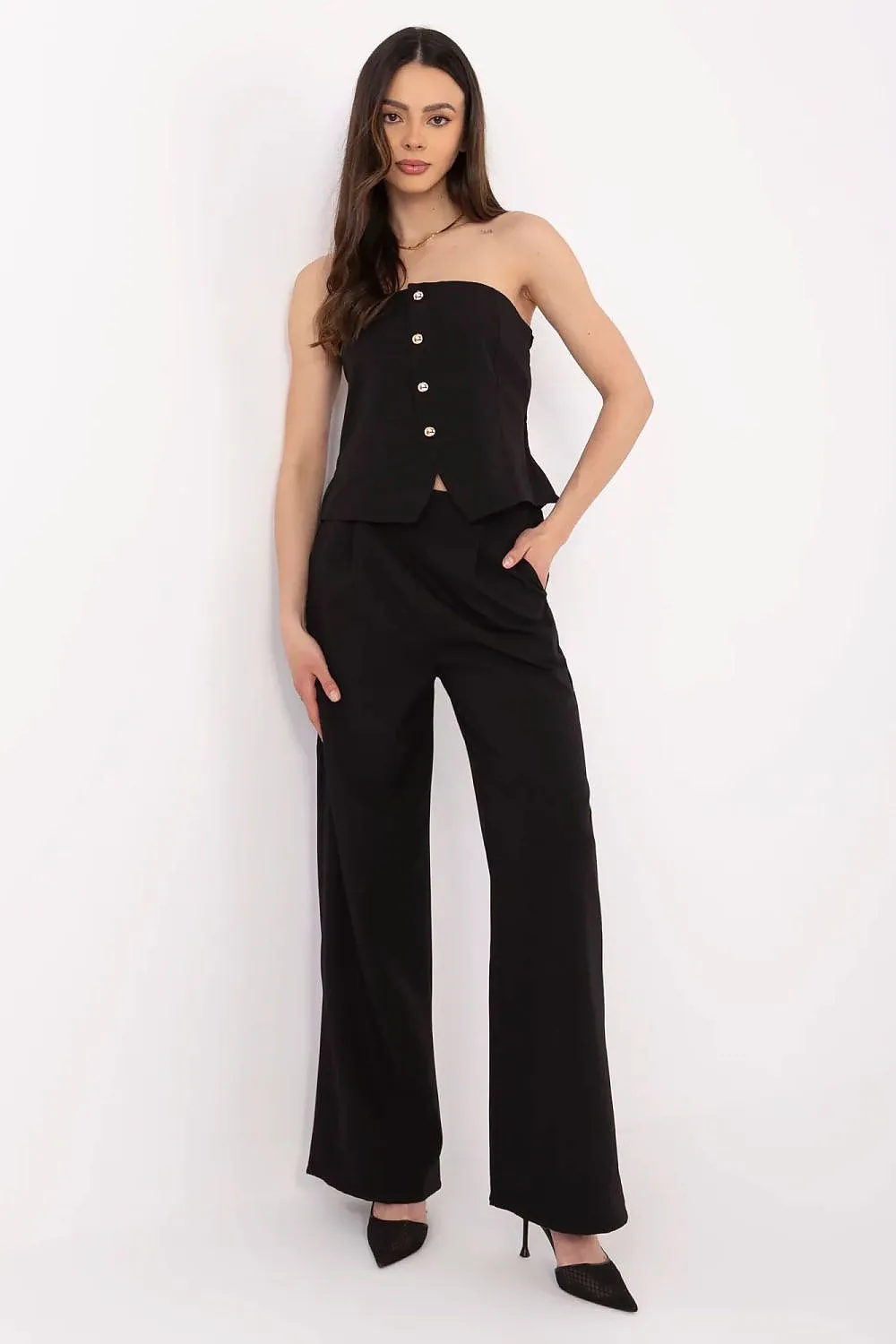 Beige Strapless Corset and Wide-Leg Trousers Set