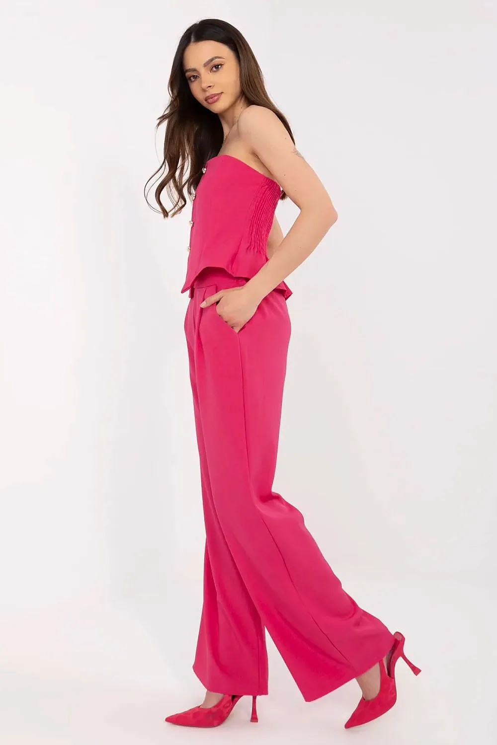 Beige Strapless Corset and Wide-Leg Trousers Set