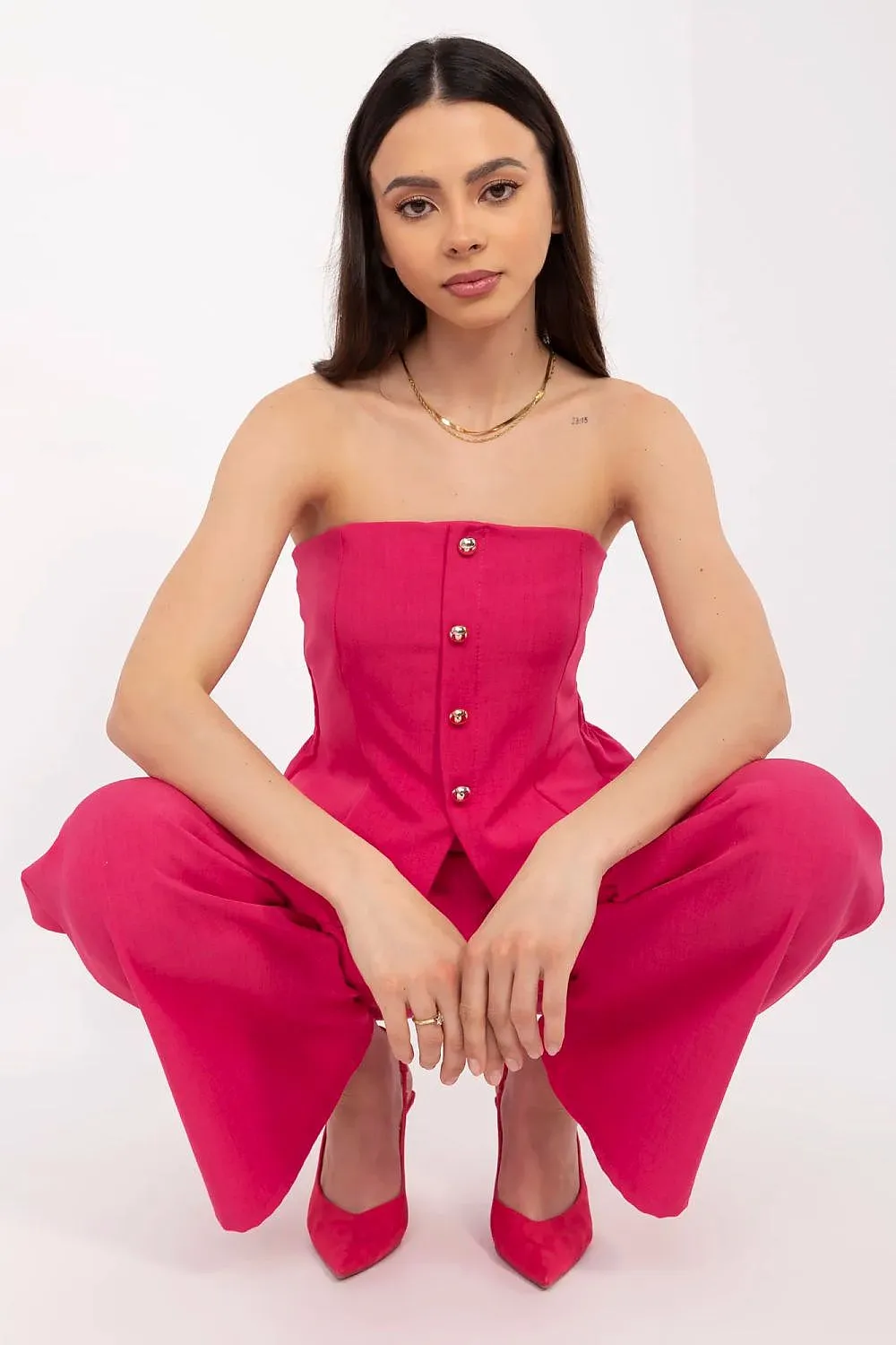 Beige Strapless Corset and Wide-Leg Trousers Set