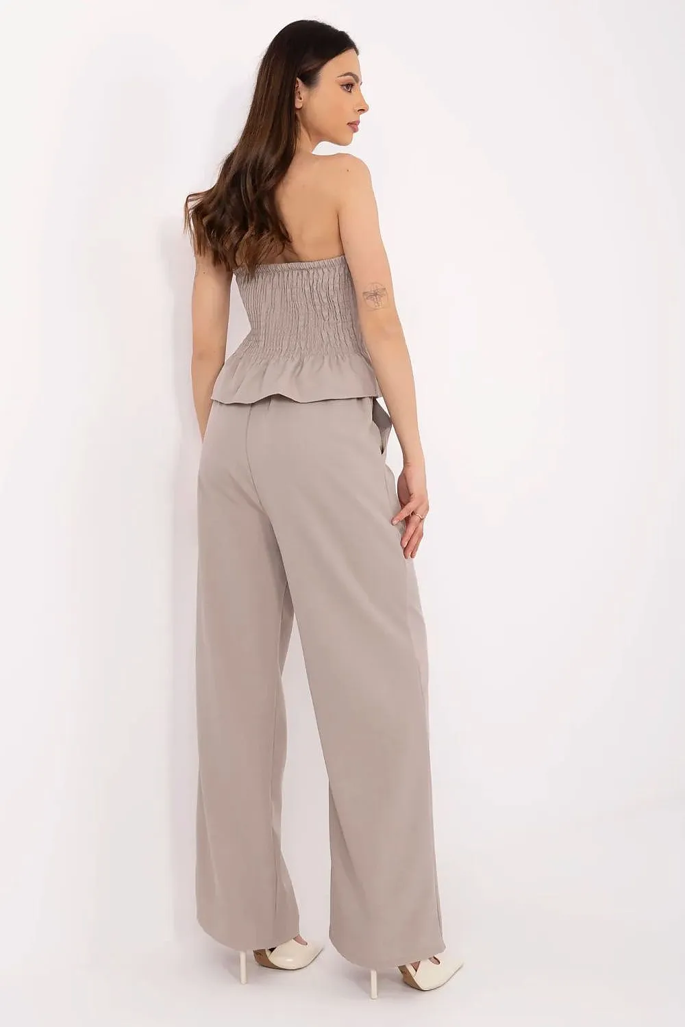 Beige Strapless Corset and Wide-Leg Trousers Set