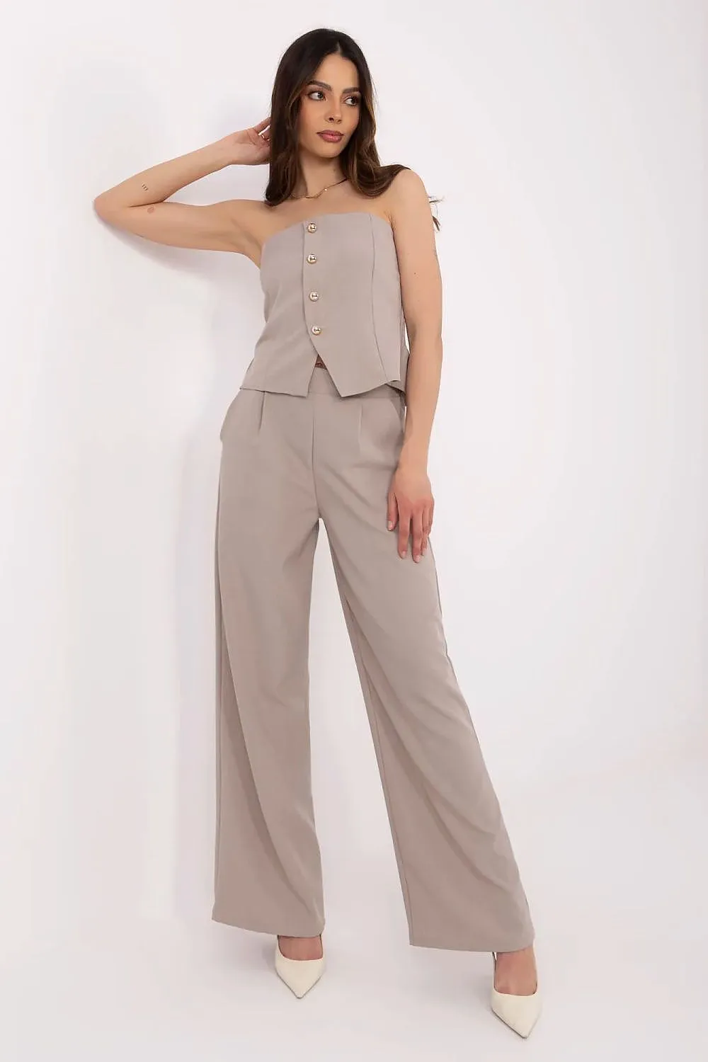 Beige Strapless Corset and Wide-Leg Trousers Set