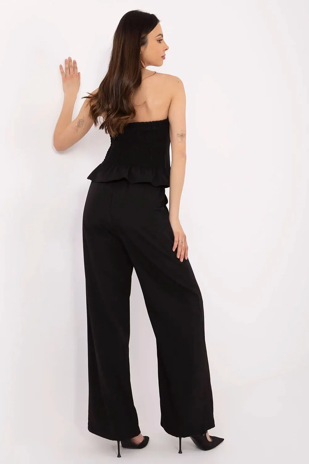 Beige Strapless Corset and Wide-Leg Trousers Set