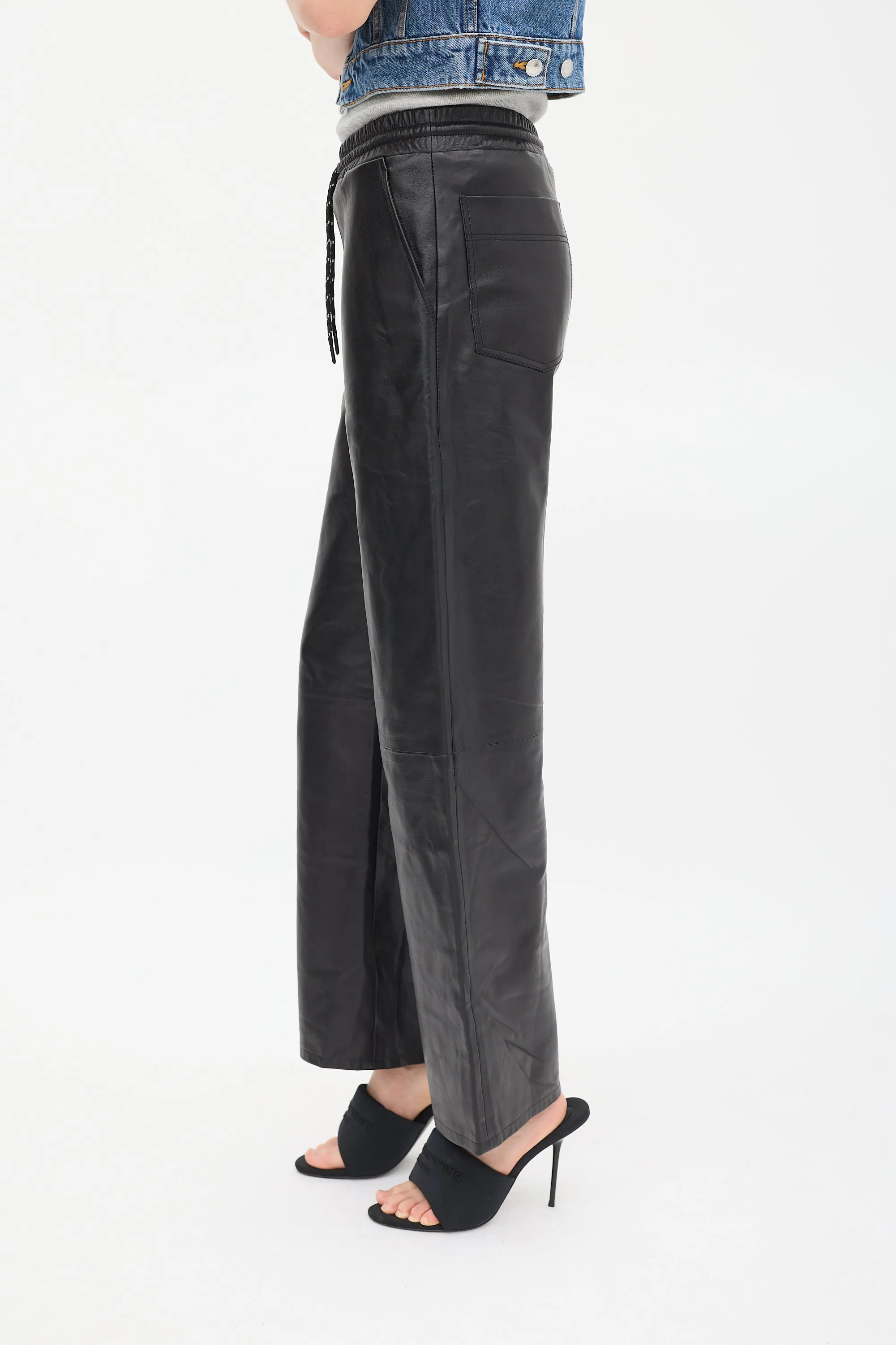 Black Leather Wide Leg Trouser