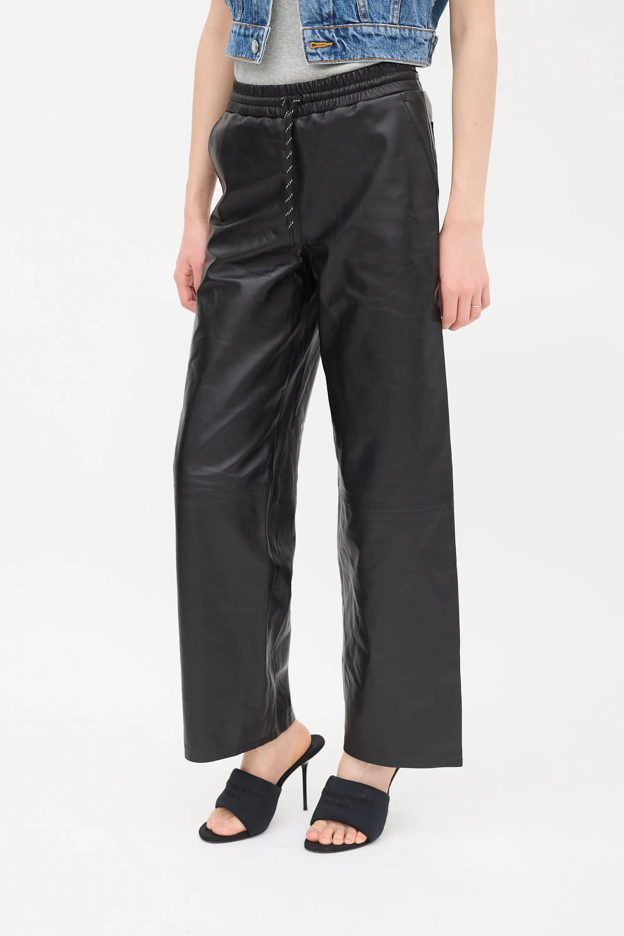 Black Leather Wide Leg Trouser