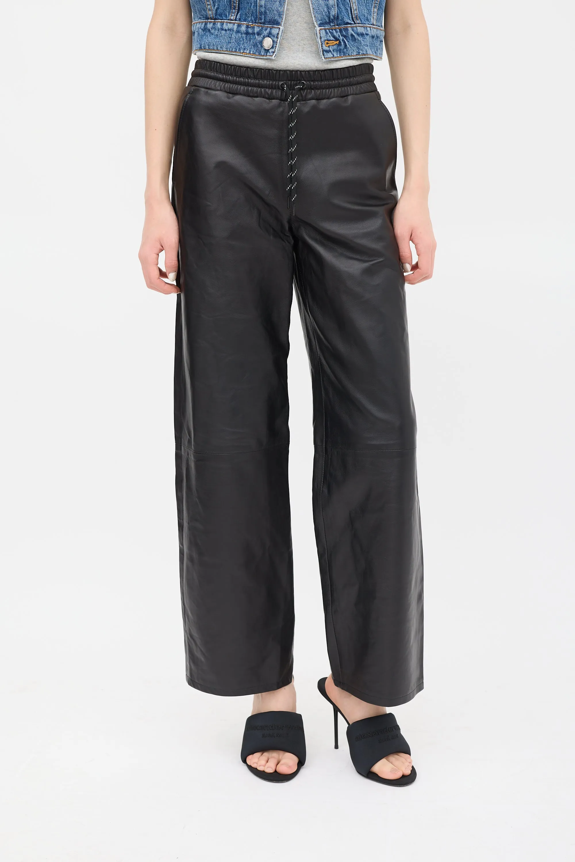 Black Leather Wide Leg Trouser