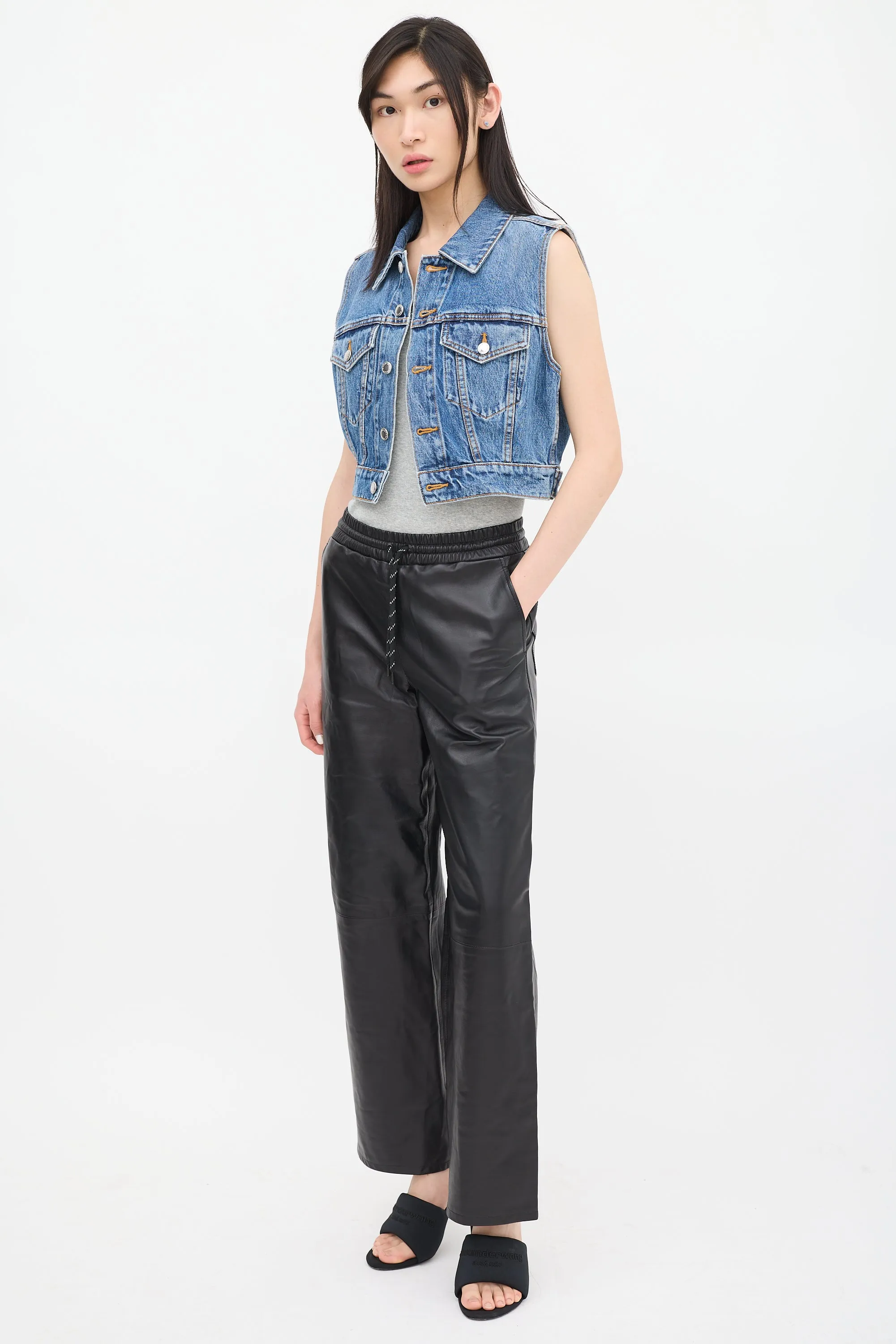 Black Leather Wide Leg Trouser