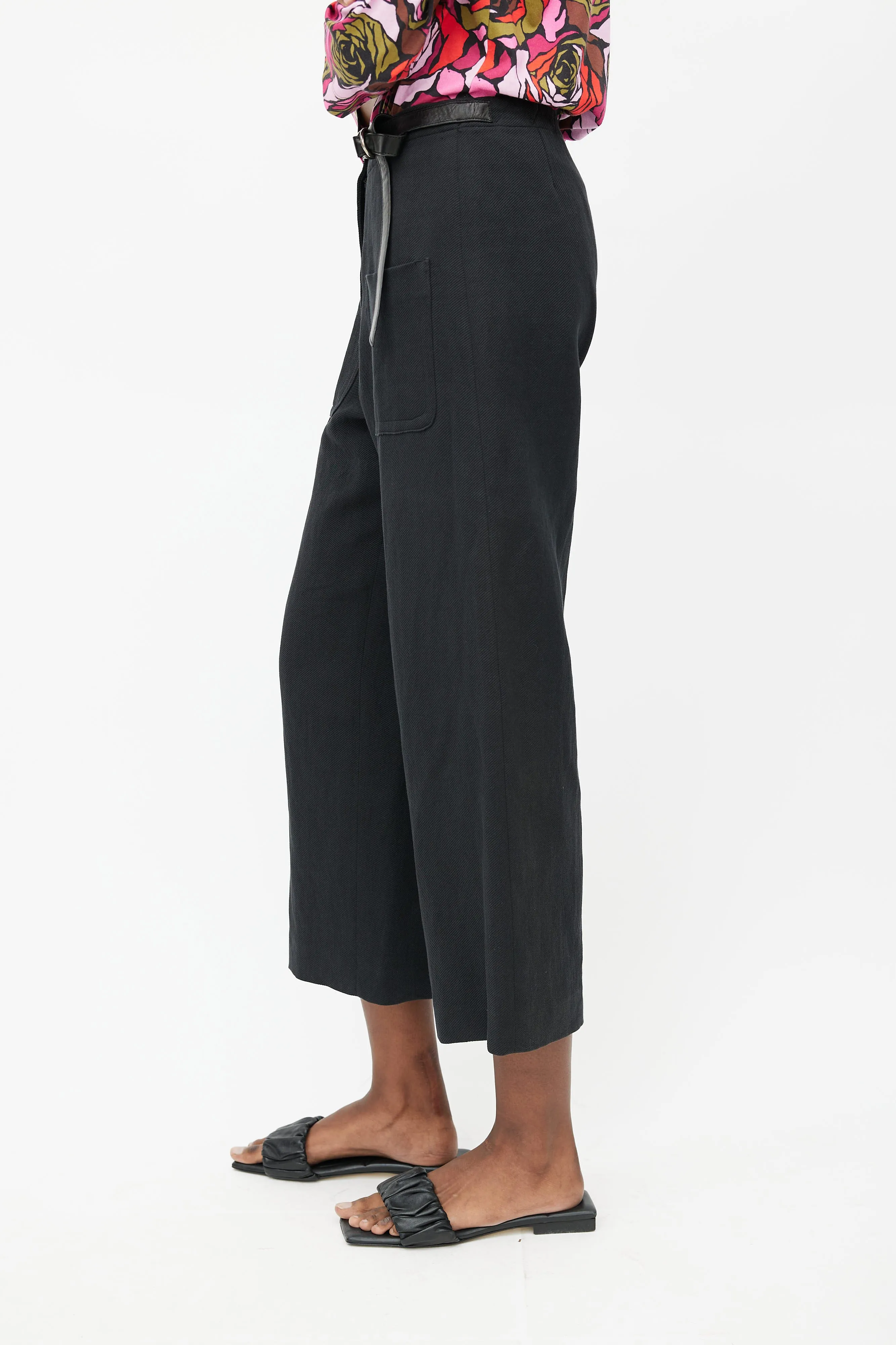 Black Linen Wide Leg Belted Trouser