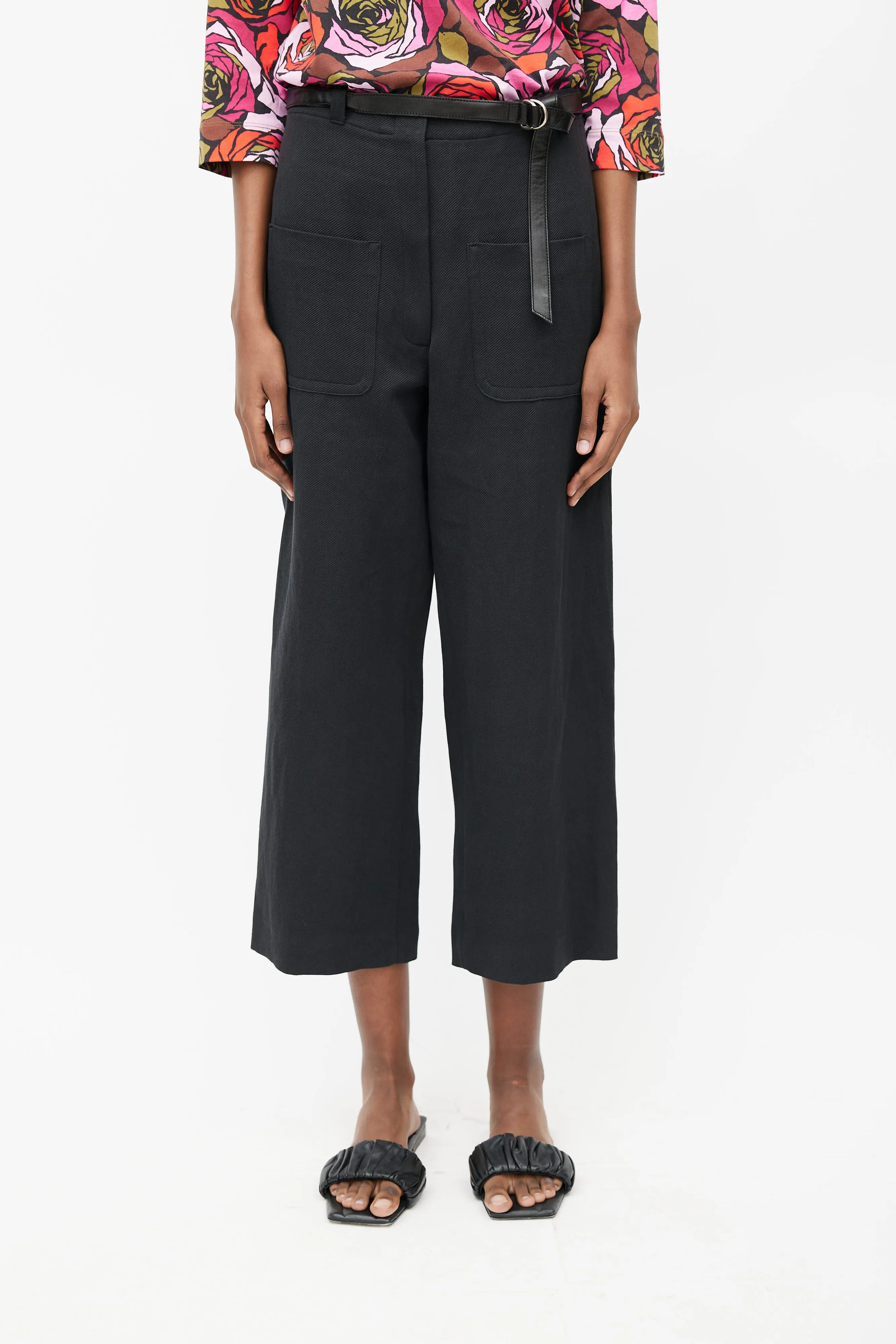 Black Linen Wide Leg Belted Trouser