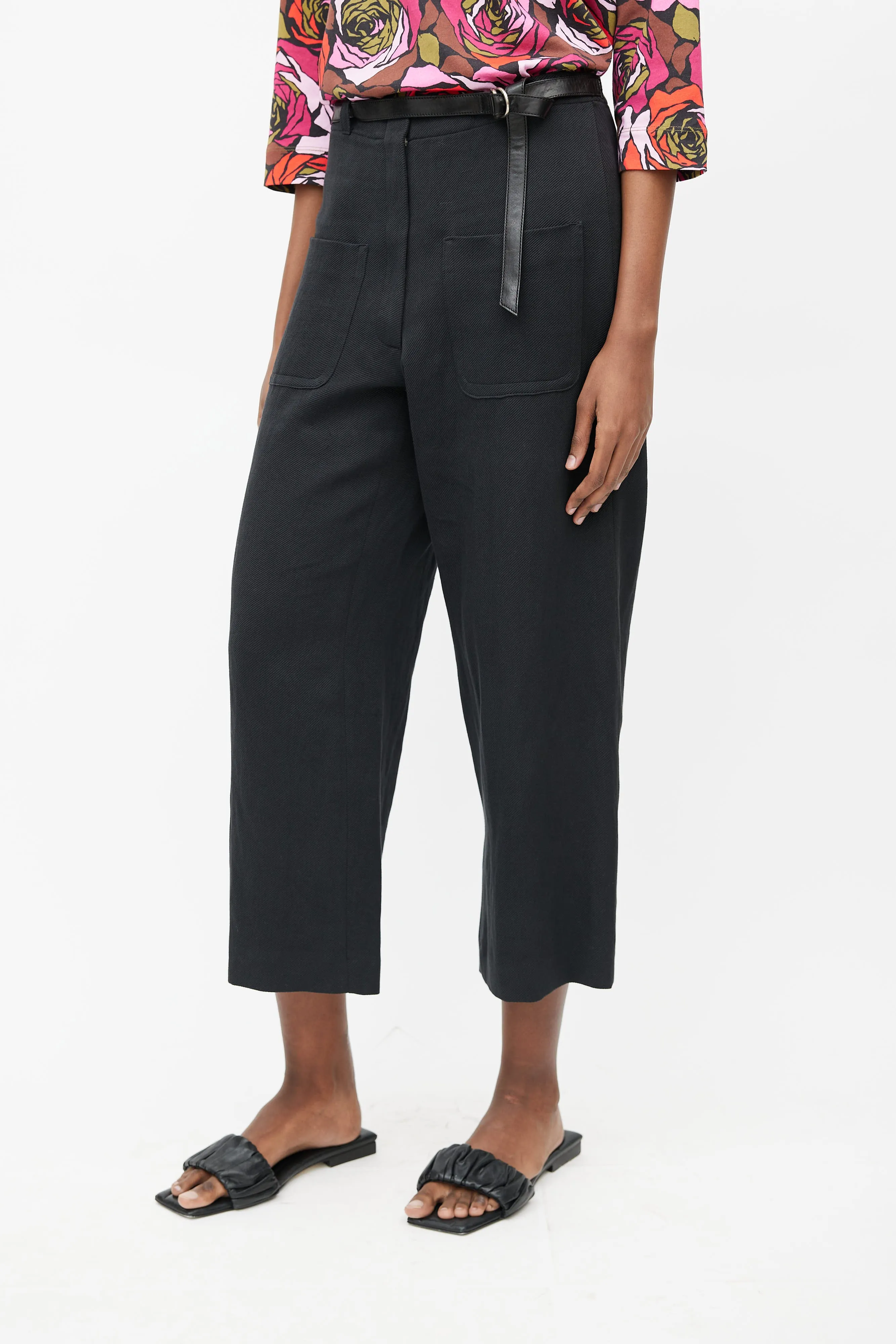 Black Linen Wide Leg Belted Trouser