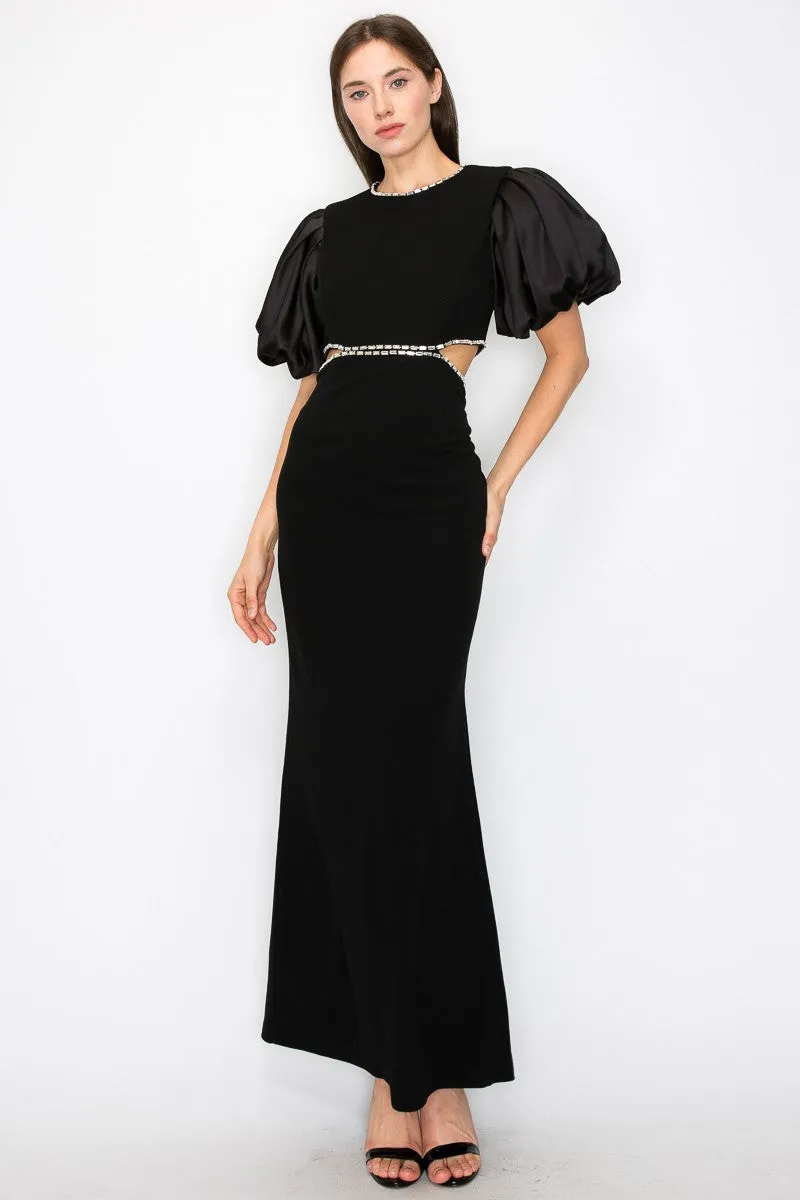 Black Puff Sleeves Rhinestione Side Cutout Maxi Dress