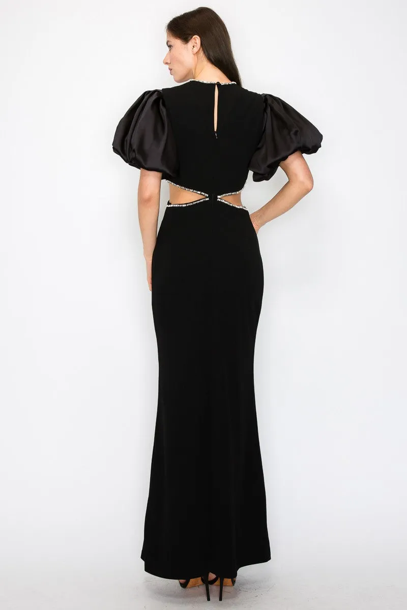 Black Puff Sleeves Rhinestione Side Cutout Maxi Dress