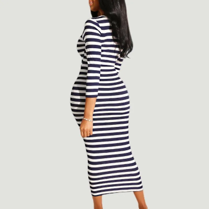 Chic Striped Midi Bodycon Dress for Women - Perfect for Autumn & Winter