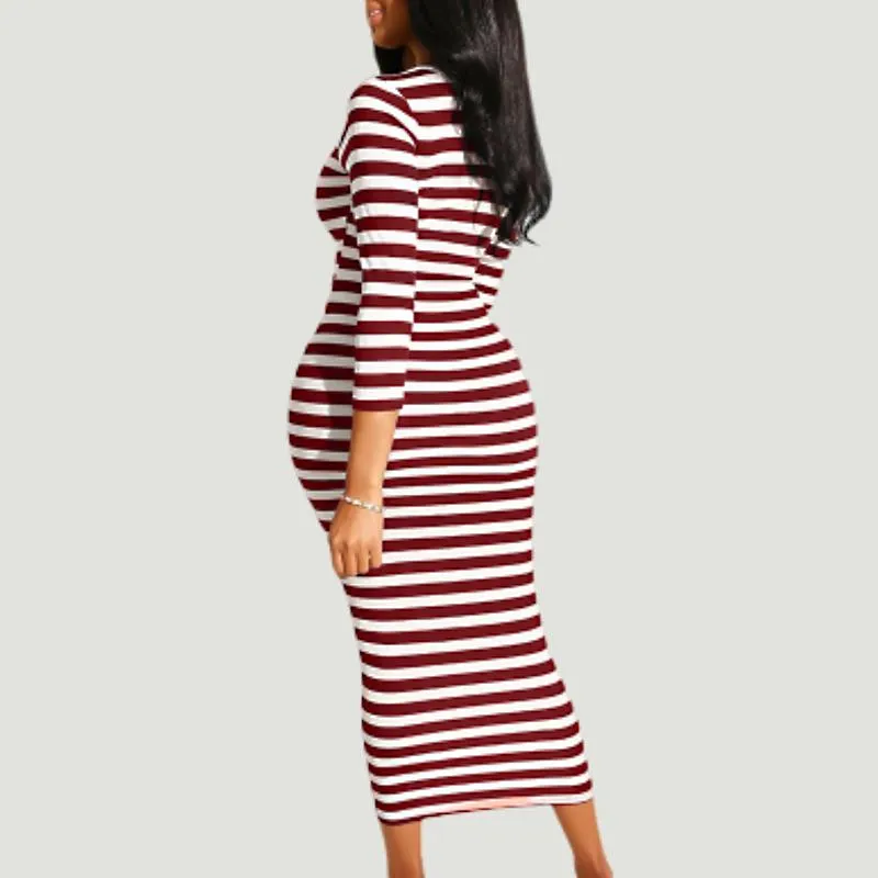 Chic Striped Midi Bodycon Dress for Women - Perfect for Autumn & Winter