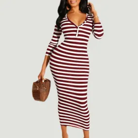 Chic Striped Midi Bodycon Dress for Women - Perfect for Autumn & Winter