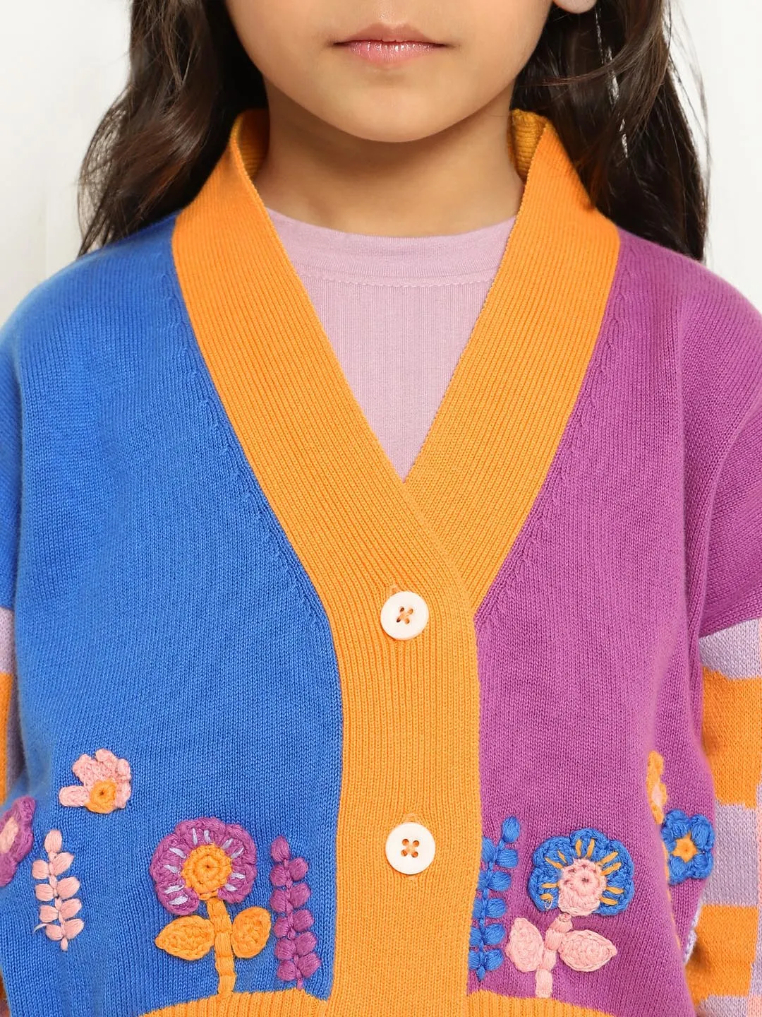 Flower & Checks Printed Cotton Cardigan
