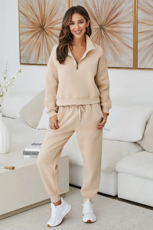 French Terry Quarter Zip Mockneck Sweatshirt BEIGE