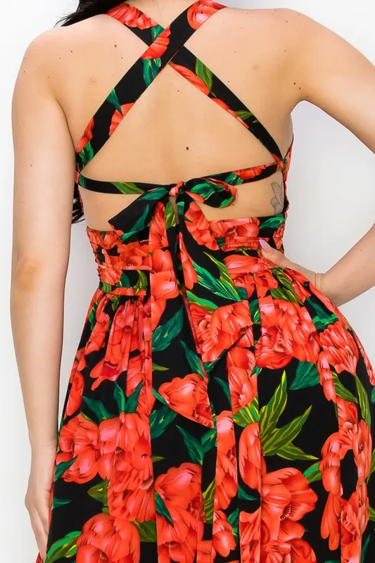 Maxi Dress Floral Poly Challi Bra Pad/pleated