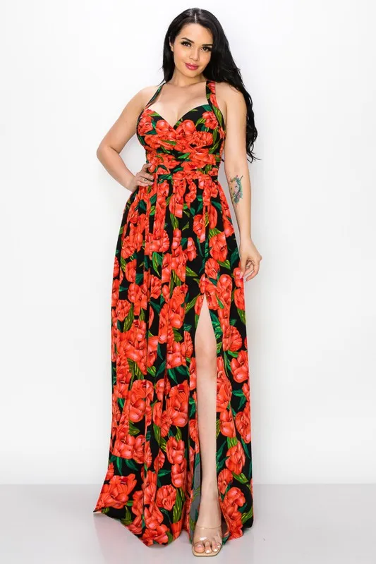 Maxi Dress Floral Poly Challi Bra Pad/pleated
