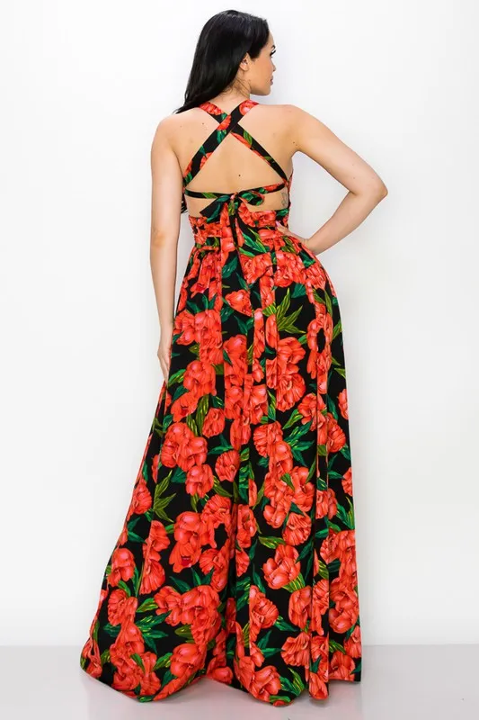 Maxi Dress Floral Poly Challi Bra Pad/pleated