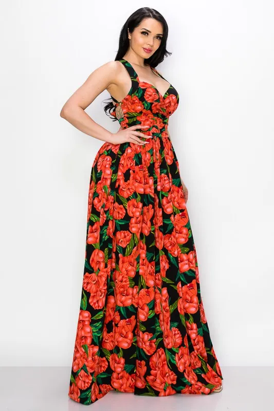 Maxi Dress Floral Poly Challi Bra Pad/pleated