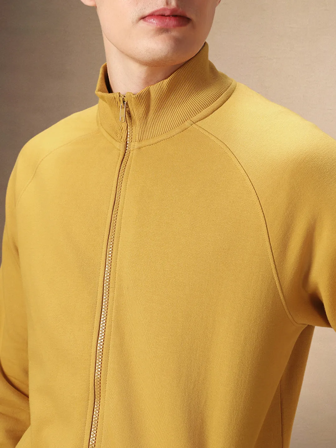 Men's Solid Mustard Full Sleeves Front-Open Sweatshirt