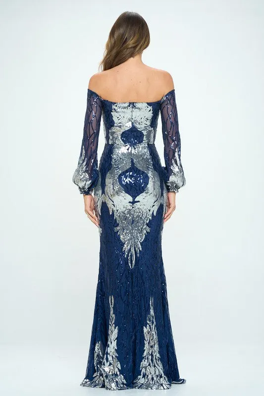 Navy Off The Shoulder Long Sleeves Sequin Maxi Dress
