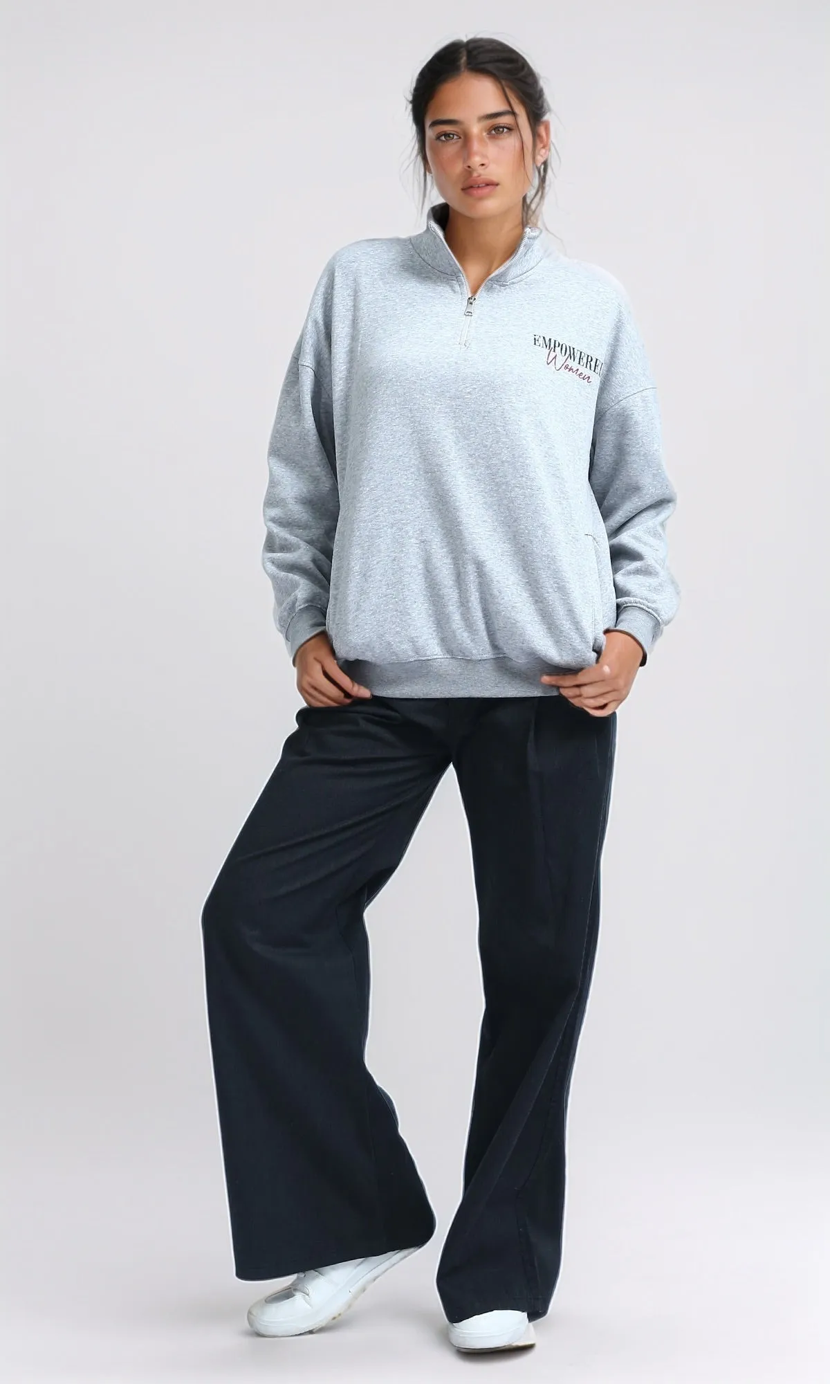 O200146 - Zipped Stand Neck with Print - Heather Grey
