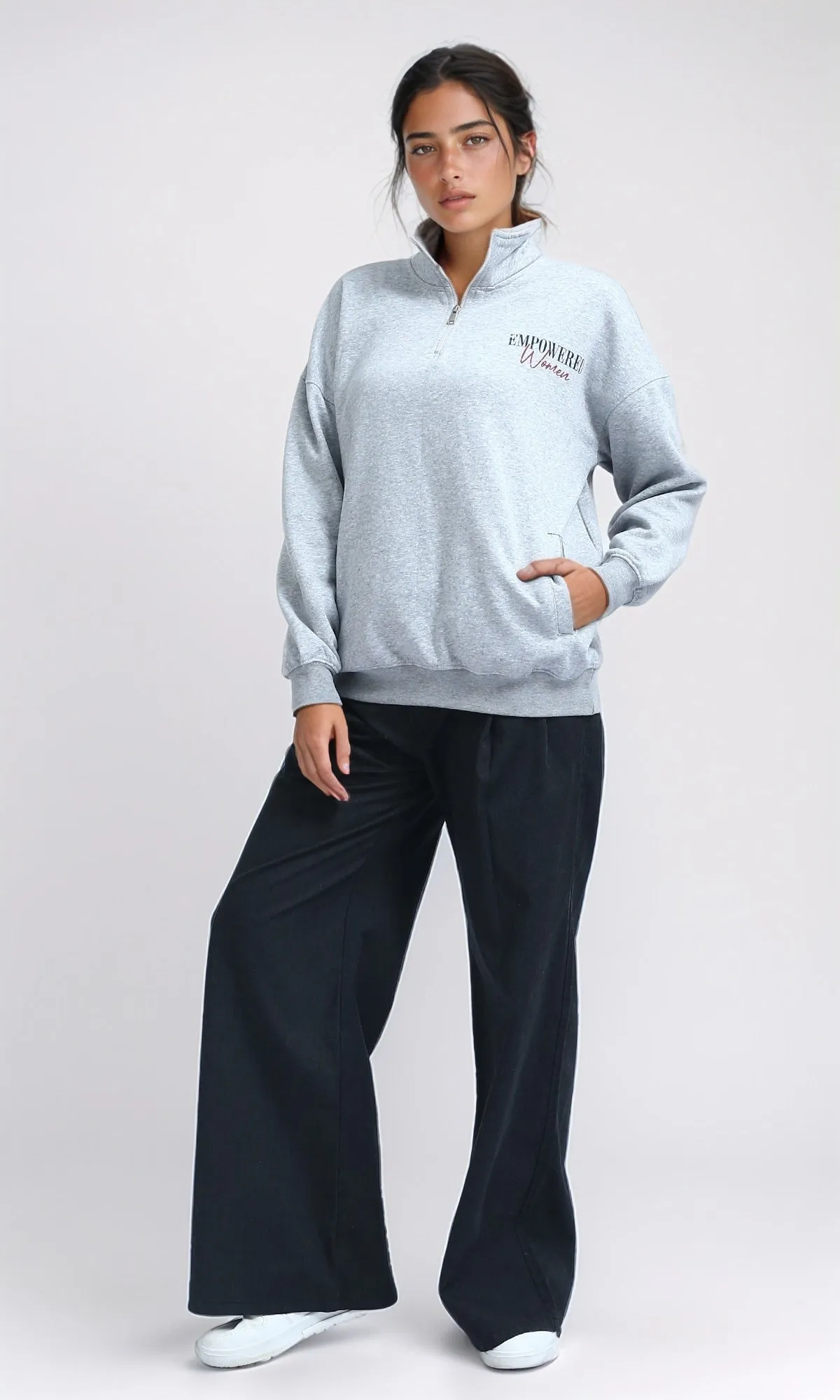 O200146 - Zipped Stand Neck with Print - Heather Grey