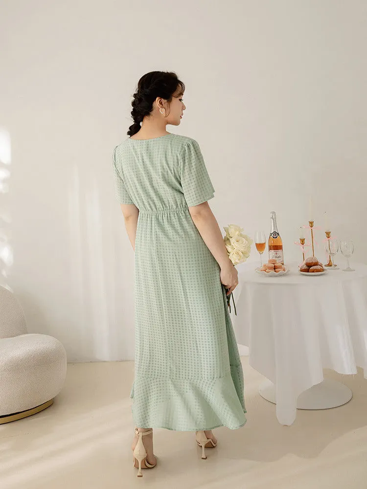 Party Dinner V-Neck Plaid Ruffle Long Maxi Dress