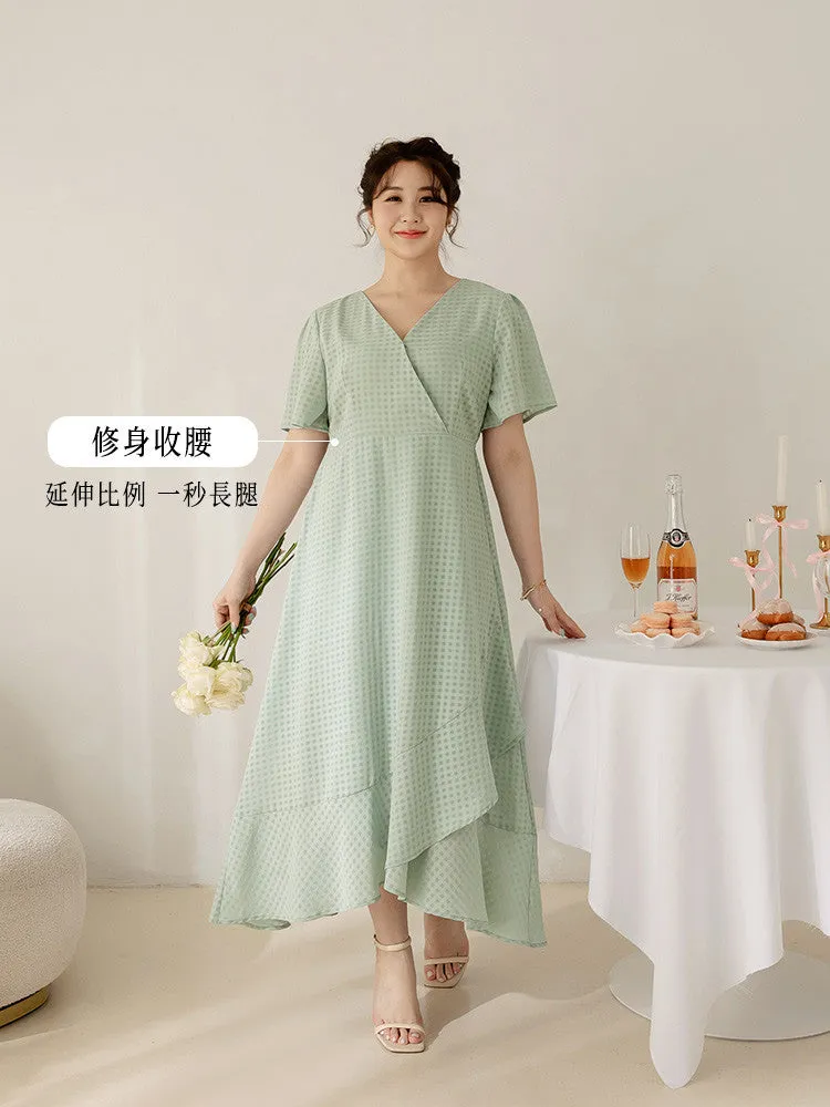 Party Dinner V-Neck Plaid Ruffle Long Maxi Dress