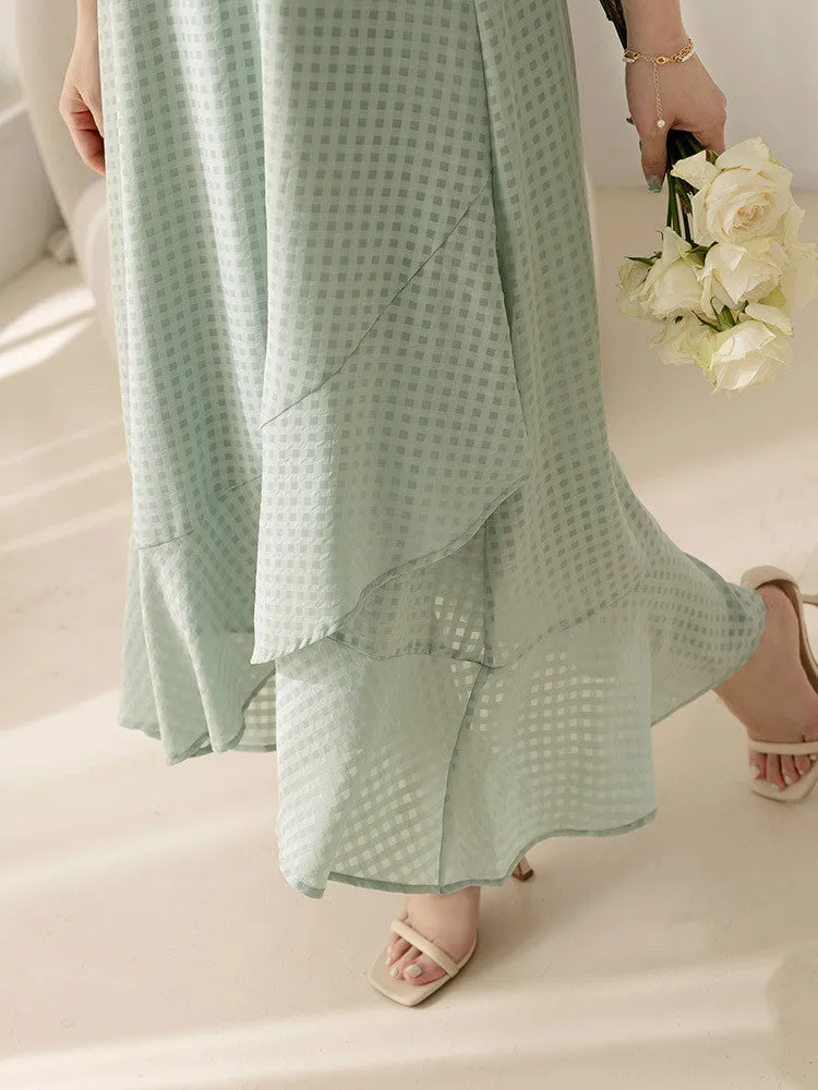 Party Dinner V-Neck Plaid Ruffle Long Maxi Dress