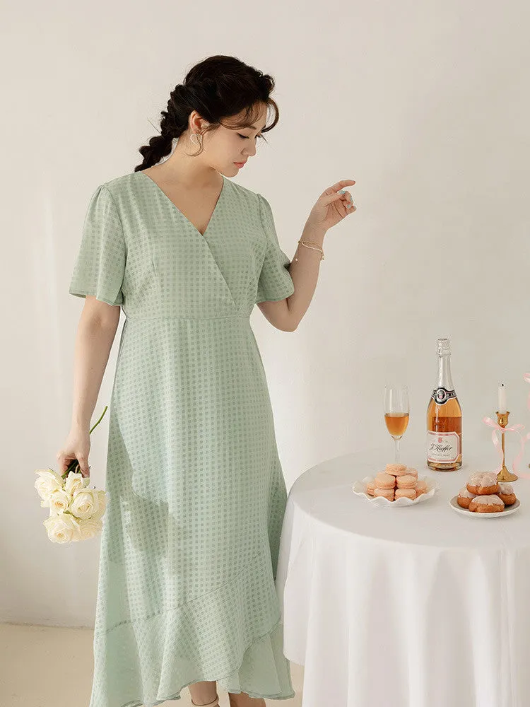 Party Dinner V-Neck Plaid Ruffle Long Maxi Dress