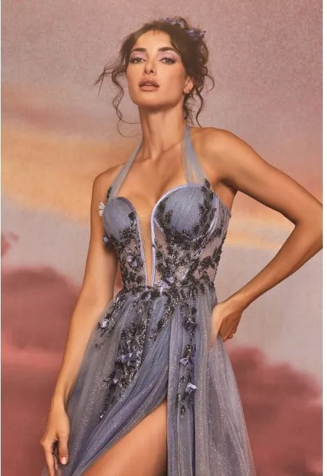 Smoky Blue Halter A-Line Tulle Gown