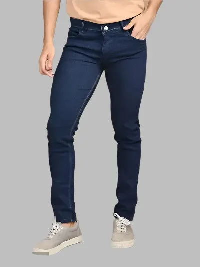 Stylish Dark Blue Denim Solid Mid-Rise Jeans For Men
