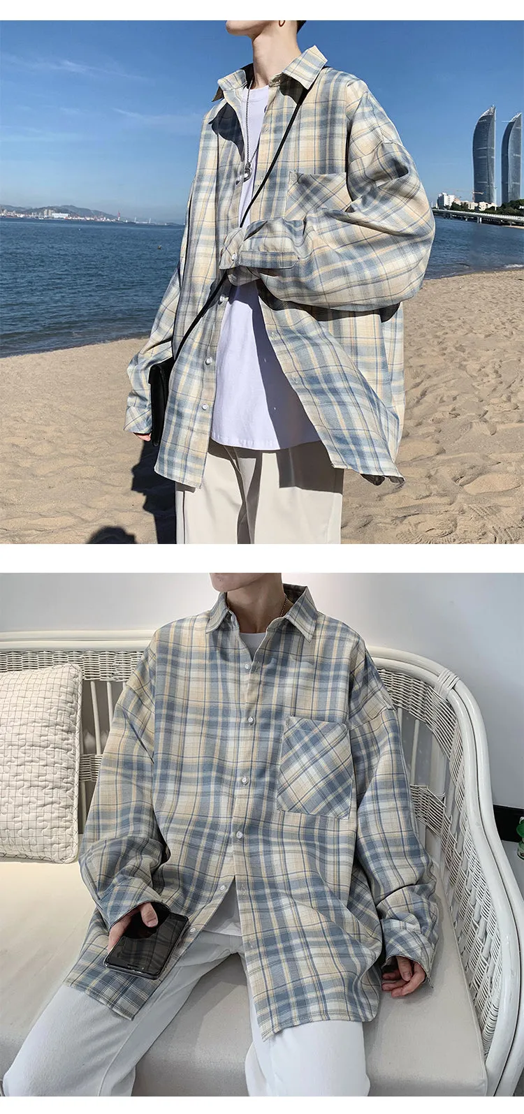 Trendy Chequered Long Sleeved Shirt Loose Hem Outerwear