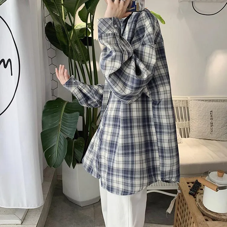 Trendy Chequered Long Sleeved Shirt Loose Hem Outerwear