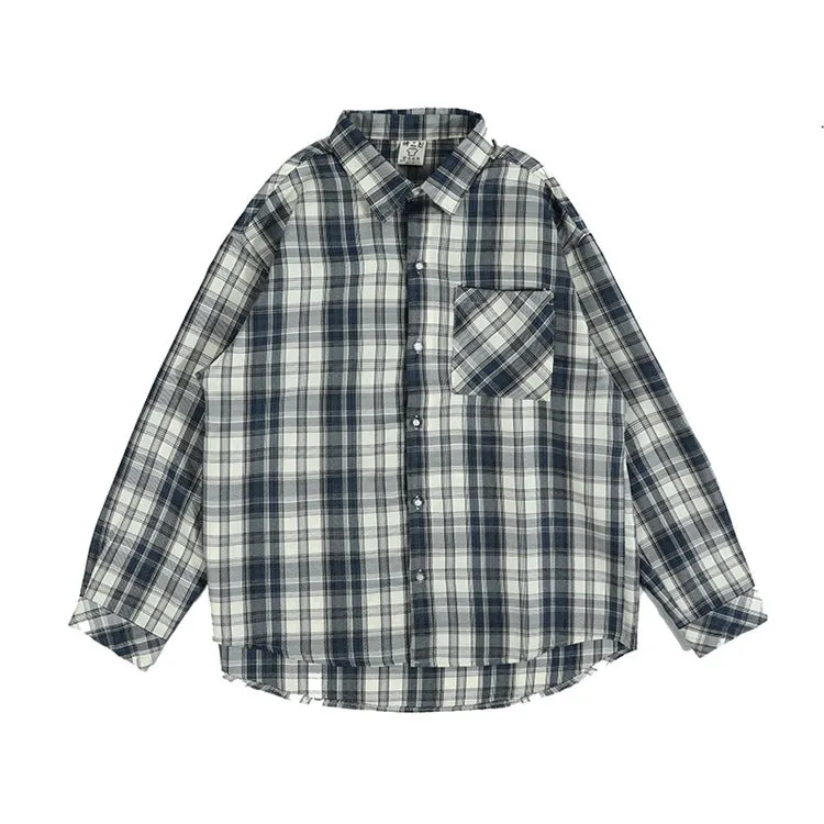 Trendy Chequered Long Sleeved Shirt Loose Hem Outerwear
