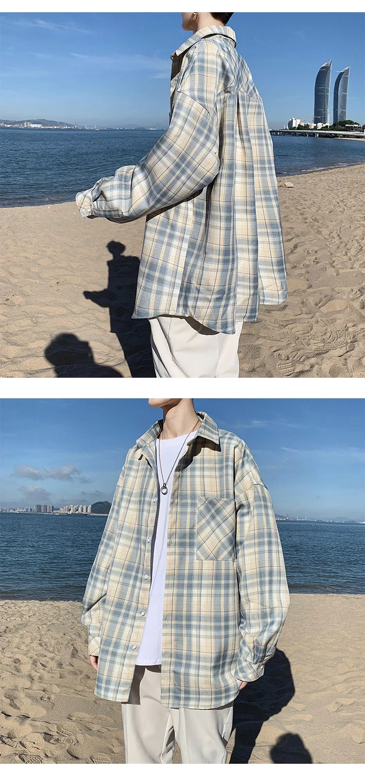 Trendy Chequered Long Sleeved Shirt Loose Hem Outerwear
