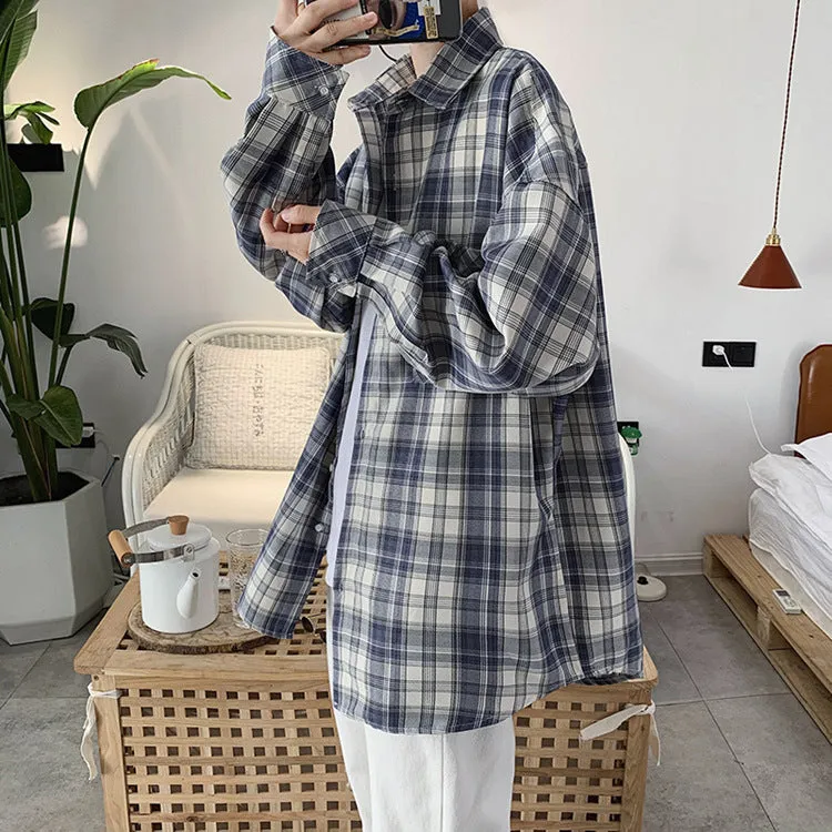 Trendy Chequered Long Sleeved Shirt Loose Hem Outerwear