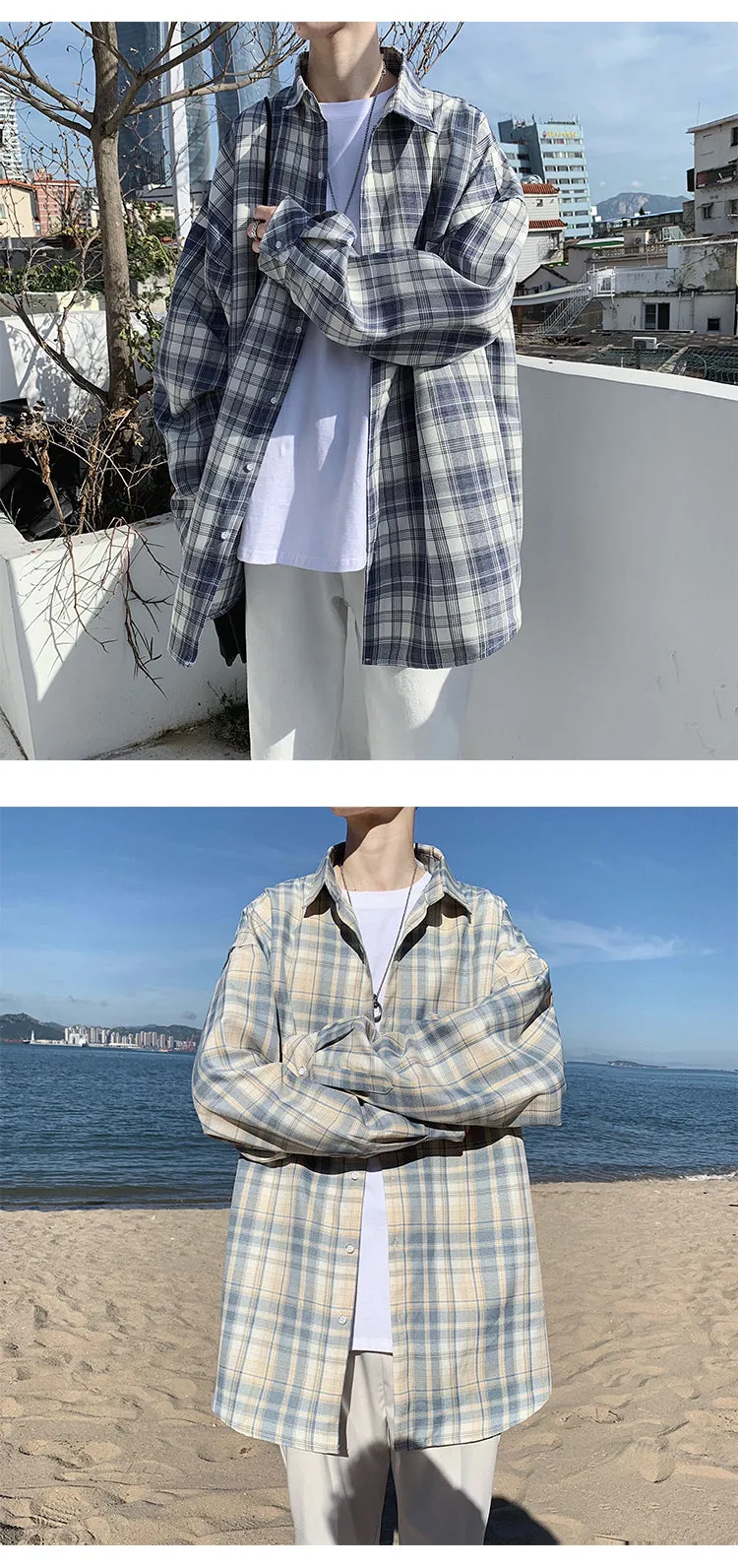 Trendy Chequered Long Sleeved Shirt Loose Hem Outerwear