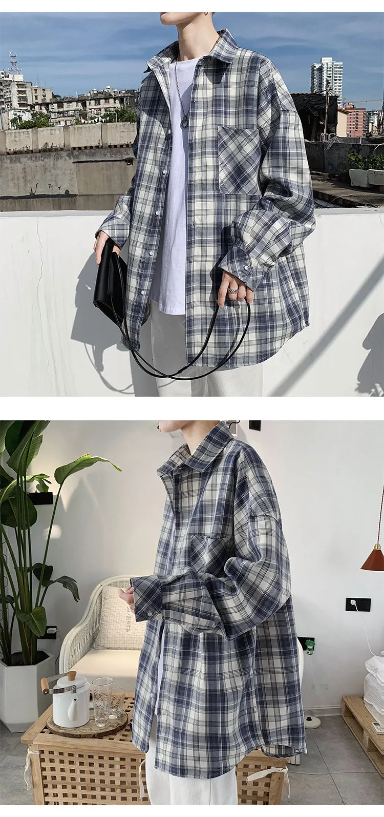 Trendy Chequered Long Sleeved Shirt Loose Hem Outerwear