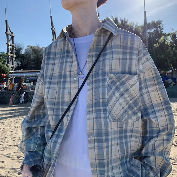 Trendy Chequered Long Sleeved Shirt Loose Hem Outerwear
