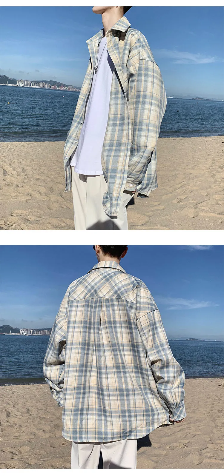 Trendy Chequered Long Sleeved Shirt Loose Hem Outerwear