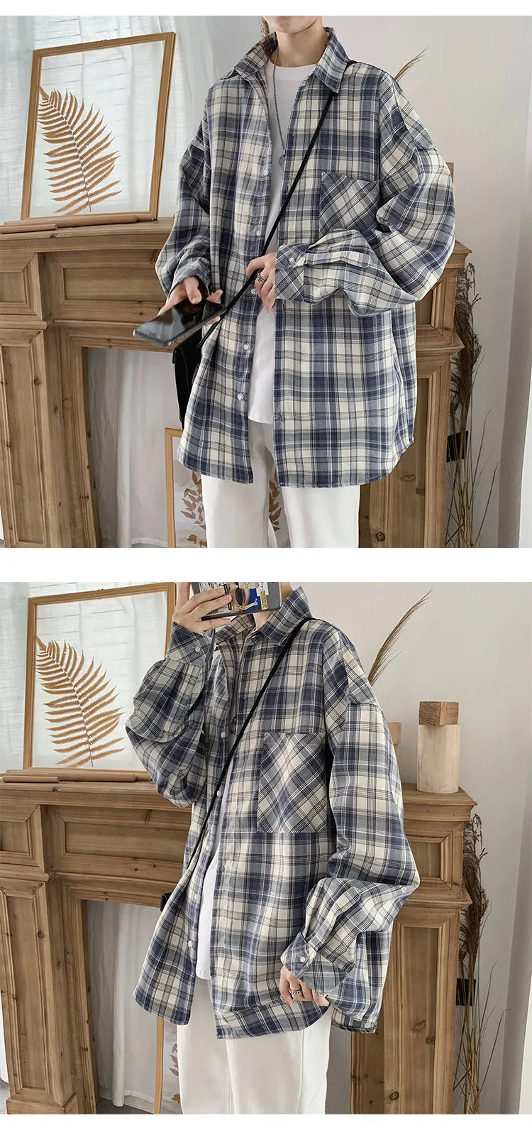 Trendy Chequered Long Sleeved Shirt Loose Hem Outerwear