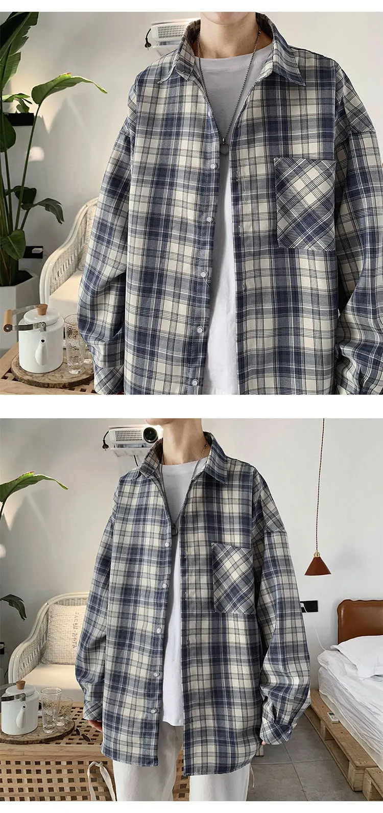 Trendy Chequered Long Sleeved Shirt Loose Hem Outerwear